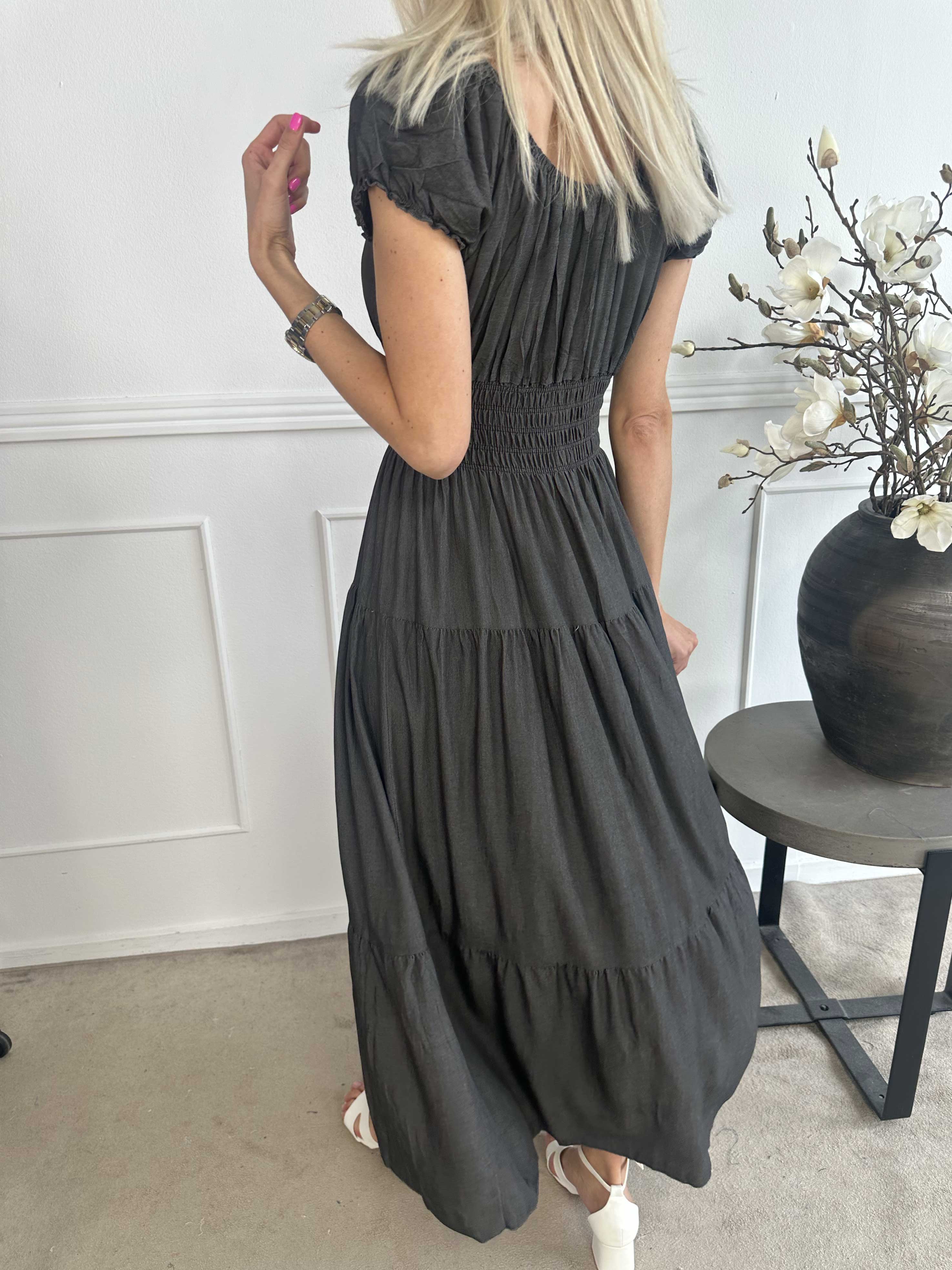 Alexina - Lang kjole i denimlook med elastik i taljen